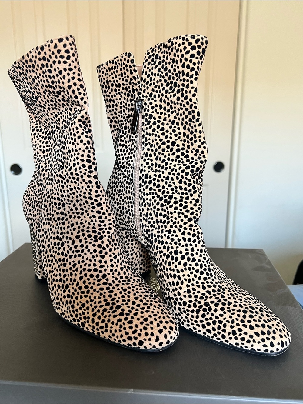Jessica Simpson Cream and Black Spotted Mid-Calf Heeled Boots